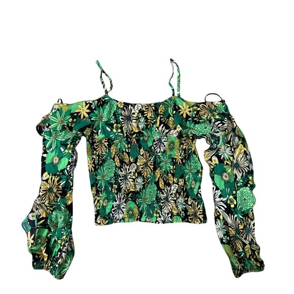 INC Floral Black and Green Cold Shoulder Crop Top - Size XS - Picture 1 of 2